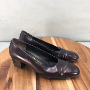 Salvatore Ferragamo Metallic Bronze Leather Block Heel Pumps Womens Size 6.5 B